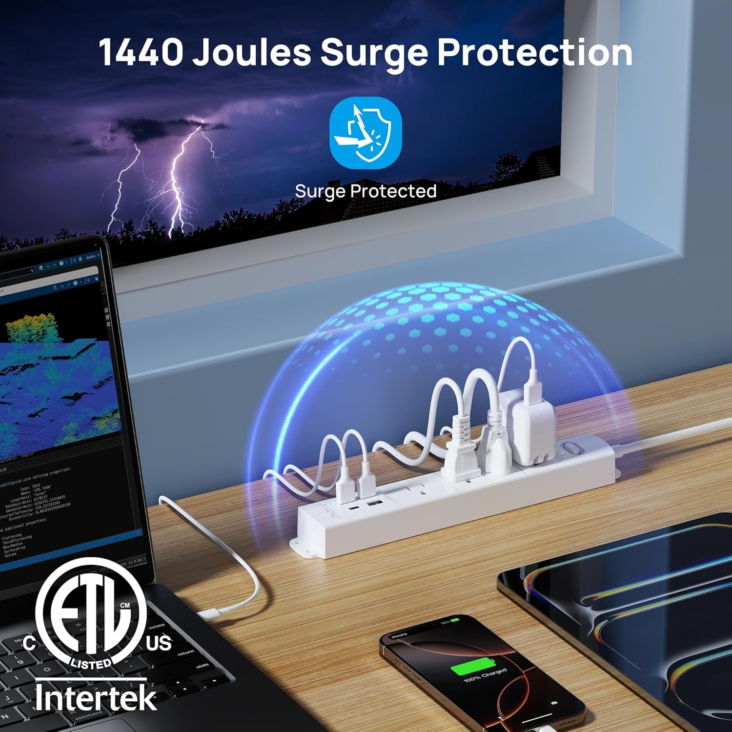 Surge Protector Power Strip with USB, 4 AC Outlets & 4 USB Ports, 1440 Joules, Right-Angle Flat Plug & 6Ft Long Cord, Wall Mount for Workbench, Nightstand, Dresser, Home, Office, Desk, White