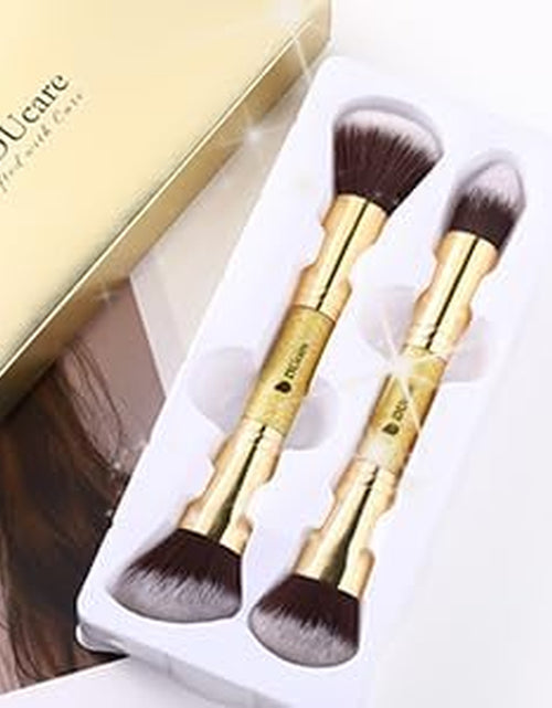 Load image into Gallery viewer, Makeup Brushes Duo End Foundation Powder Buffer and Contour Synthetic Cosmetic Tools 2Pcs Gold