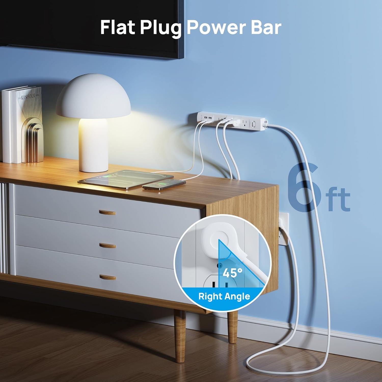 Surge Protector Power Strip with USB, 4 AC Outlets & 4 USB Ports, 1440 Joules, Right-Angle Flat Plug & 6Ft Long Cord, Wall Mount for Workbench, Nightstand, Dresser, Home, Office, Desk, White