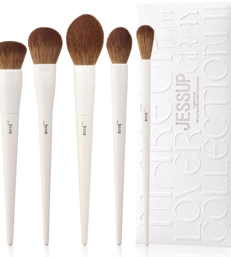 Makeup Brush Set 5Pcs Face Makeup Brushes Vegan Soft Foundation Brush Contour Brush Highlighter Brush Fluffy Setting Powder Brush, Light Grey T493