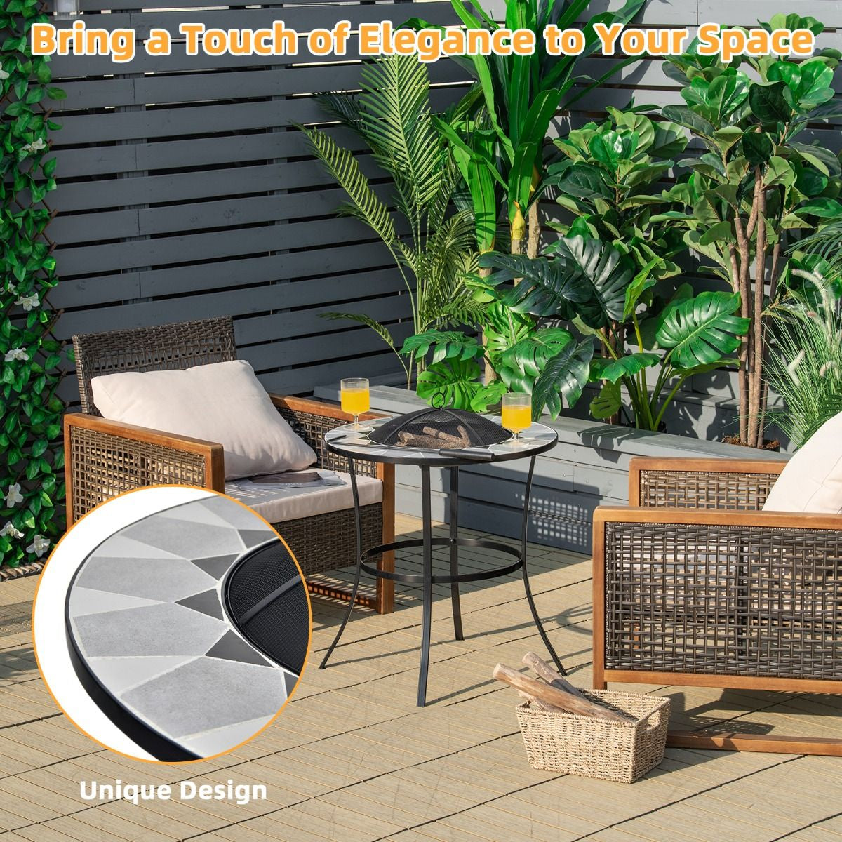 Outdoor round Fire Pit Table with Mesh Screen Lid and Fire Poker