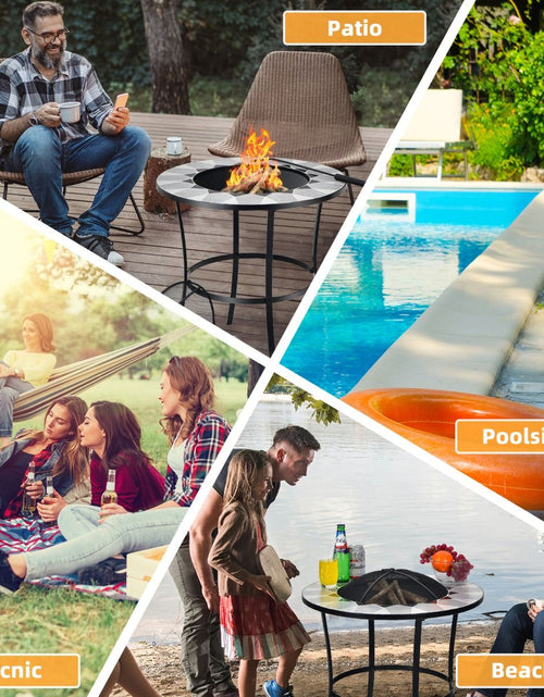 Load image into Gallery viewer, Outdoor round Fire Pit Table with Mesh Screen Lid and Fire Poker

