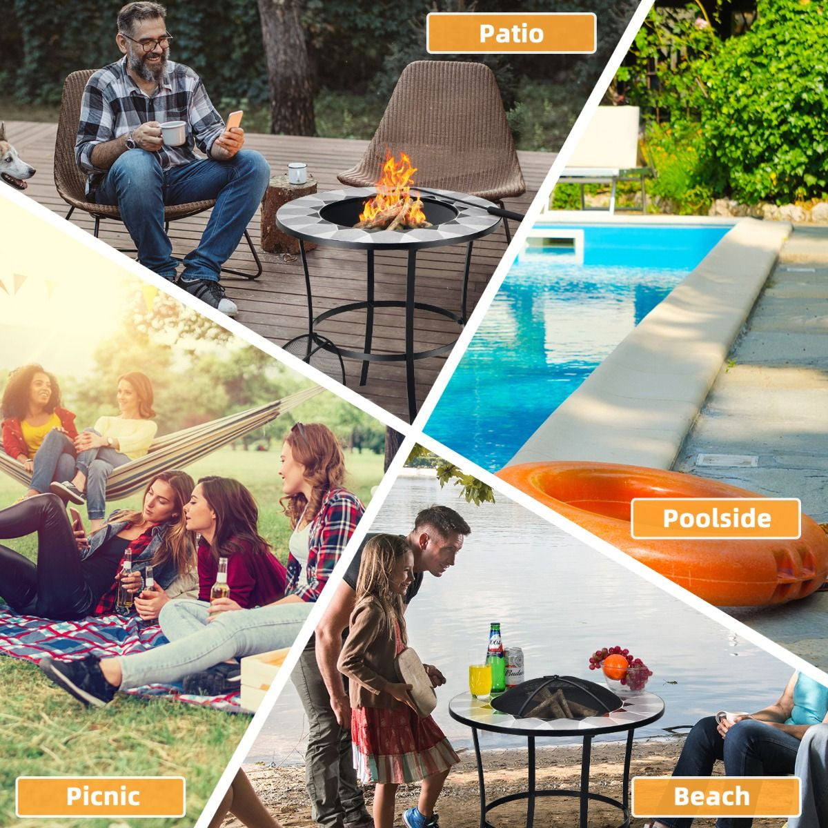 Outdoor round Fire Pit Table with Mesh Screen Lid and Fire Poker