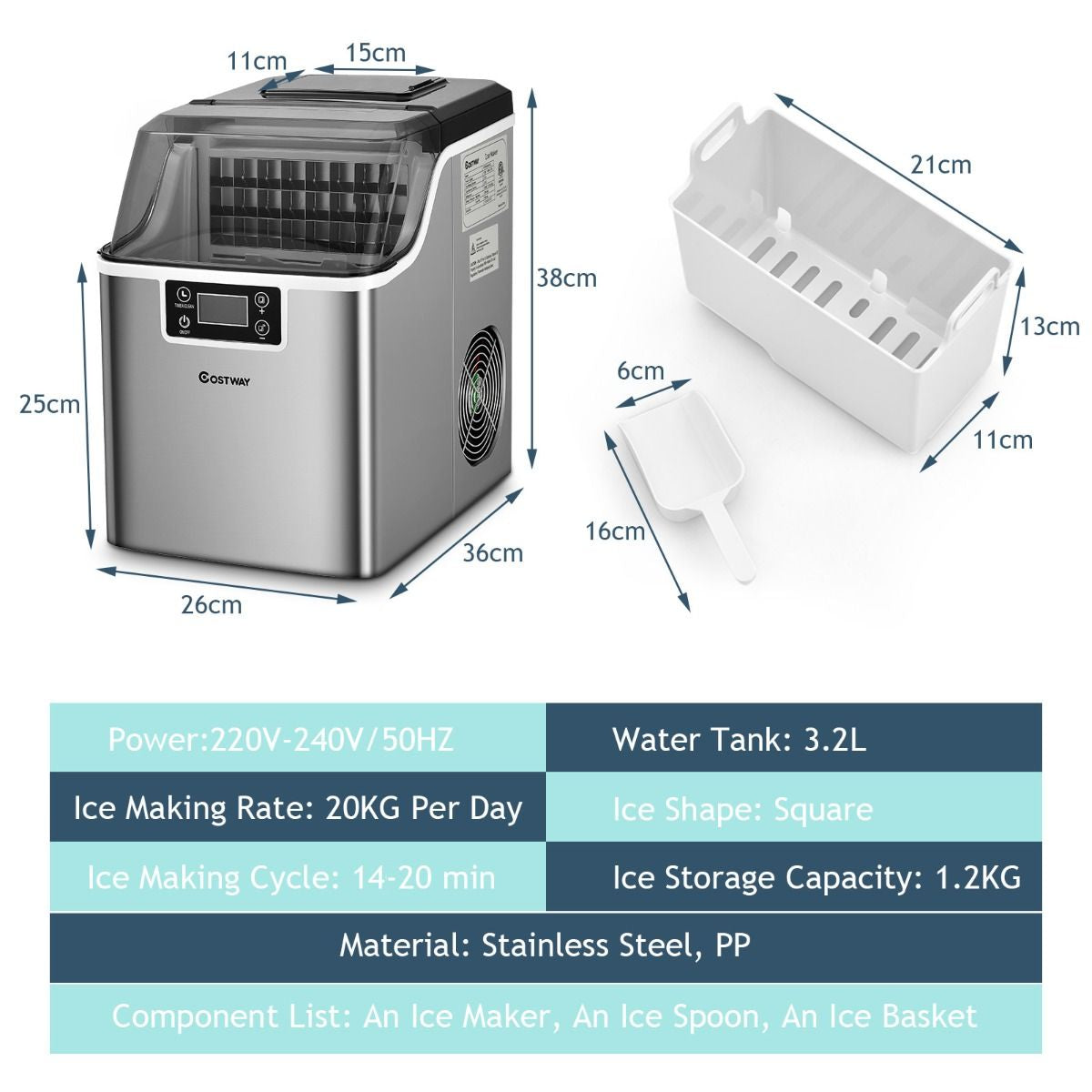 3.2L 20KG Countertop Ice Maker Commercial Electric Ice Making Machine
