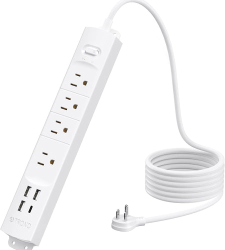 Surge Protector Power Strip with USB, 4 AC Outlets & 4 USB Ports, 1440 Joules, Right-Angle Flat Plug & 6Ft Long Cord, Wall Mount for Workbench, Nightstand, Dresser, Home, Office, Desk, White