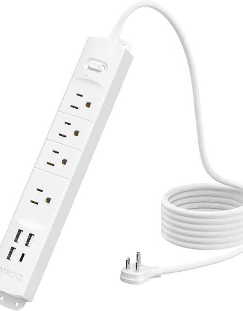 Load image into Gallery viewer, Surge Protector Power Strip with USB, 4 AC Outlets &amp; 4 USB Ports, 1440 Joules, Right-Angle Flat Plug &amp; 6Ft Long Cord, Wall Mount for Workbench, Nightstand, Dresser, Home, Office, Desk, White
