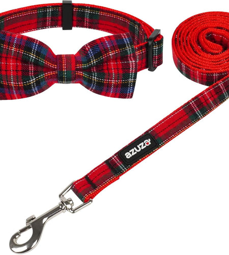 Christmas Dog Collar and Leash Set, Classic Plaid Collar with Removable Bowtie and Matching Leash for Small Medium and Large Dogs