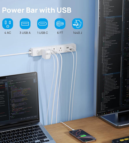 Surge Protector Power Strip with USB, 4 AC Outlets & 4 USB Ports, 1440 Joules, Right-Angle Flat Plug & 6Ft Long Cord, Wall Mount for Workbench, Nightstand, Dresser, Home, Office, Desk, White