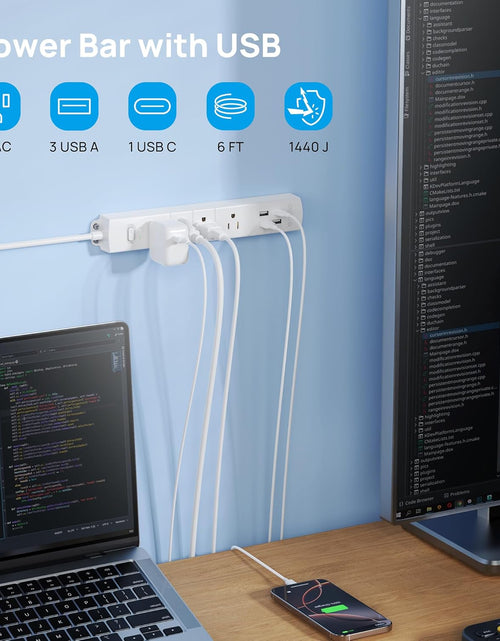 Load image into Gallery viewer, Surge Protector Power Strip with USB, 4 AC Outlets &amp; 4 USB Ports, 1440 Joules, Right-Angle Flat Plug &amp; 6Ft Long Cord, Wall Mount for Workbench, Nightstand, Dresser, Home, Office, Desk, White
