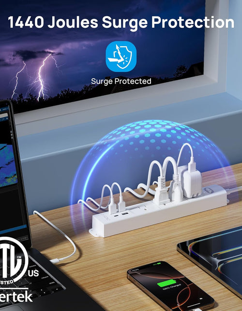Load image into Gallery viewer, Surge Protector Power Strip with USB, 4 AC Outlets &amp; 4 USB Ports, 1440 Joules, Right-Angle Flat Plug &amp; 6Ft Long Cord, Wall Mount for Workbench, Nightstand, Dresser, Home, Office, Desk, White
