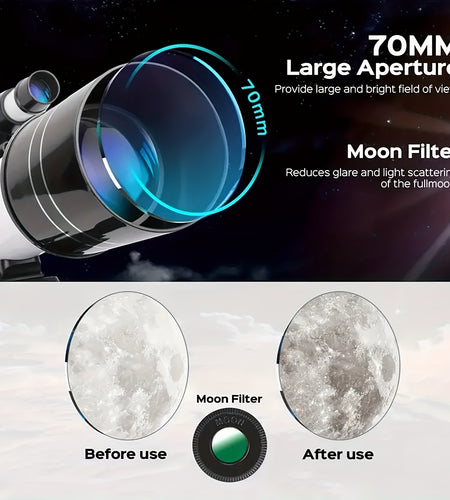 Astronomical Telescope 150X High-Powered, Portable With 70 MM And 90X With 50 MM Aperture (HD Refractor, Tripod, Phone Adapter) Ideal For Stargazing And Space Exploration