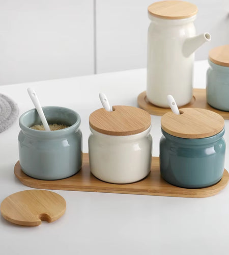 Ceramic Spice Rack Salt Shaker and Pepper Shaker Oil Bottle Set Kitchen Household Supplies for Spices Storage Jar with Cover