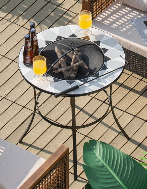 Load image into Gallery viewer, Outdoor round Fire Pit Table with Mesh Screen Lid and Fire Poker
