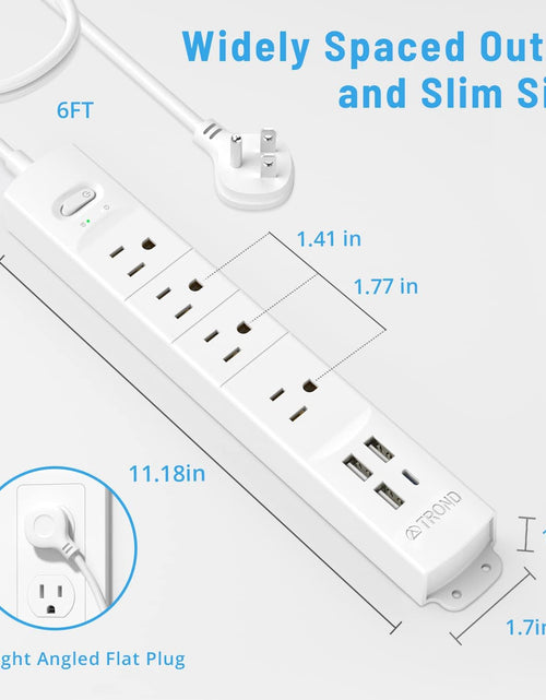 Load image into Gallery viewer, Surge Protector Power Strip with USB, 4 AC Outlets &amp; 4 USB Ports, 1440 Joules, Right-Angle Flat Plug &amp; 6Ft Long Cord, Wall Mount for Workbench, Nightstand, Dresser, Home, Office, Desk, White
