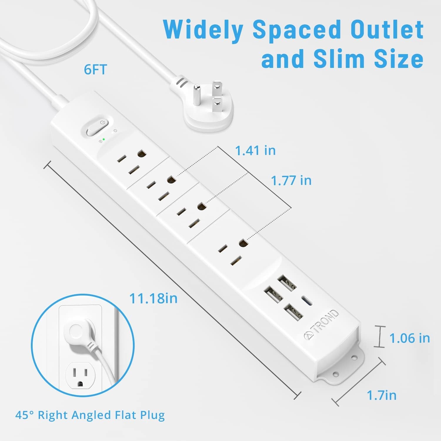 Surge Protector Power Strip with USB, 4 AC Outlets & 4 USB Ports, 1440 Joules, Right-Angle Flat Plug & 6Ft Long Cord, Wall Mount for Workbench, Nightstand, Dresser, Home, Office, Desk, White