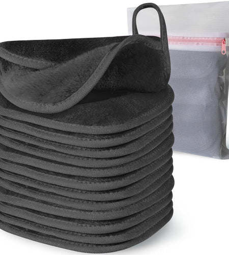 Makeup Remover Cloth, 6" X 6" Reusable Towels for Washing Face, Microfiber Washcloth with Mesh Bag, 12 Pack, Grey