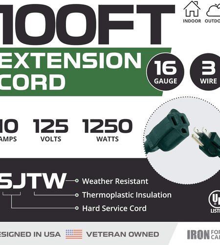 Green Outdoor Extension Cord 100 FT - 16/3 SJTW Weatherproof Extension Cord for outside with 3 Prong - 16 Gauge Foot Extension Cord. UL Listed, Great for Christmas Lights & Outside
