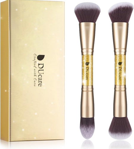 Makeup Brushes Duo End Foundation Powder Buffer and Contour Synthetic Cosmetic Tools 2Pcs Gold