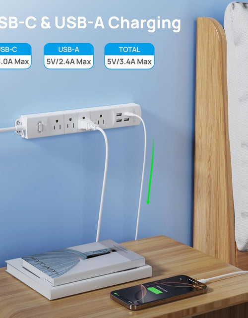 Load image into Gallery viewer, Surge Protector Power Strip with USB, 4 AC Outlets &amp; 4 USB Ports, 1440 Joules, Right-Angle Flat Plug &amp; 6Ft Long Cord, Wall Mount for Workbench, Nightstand, Dresser, Home, Office, Desk, White
