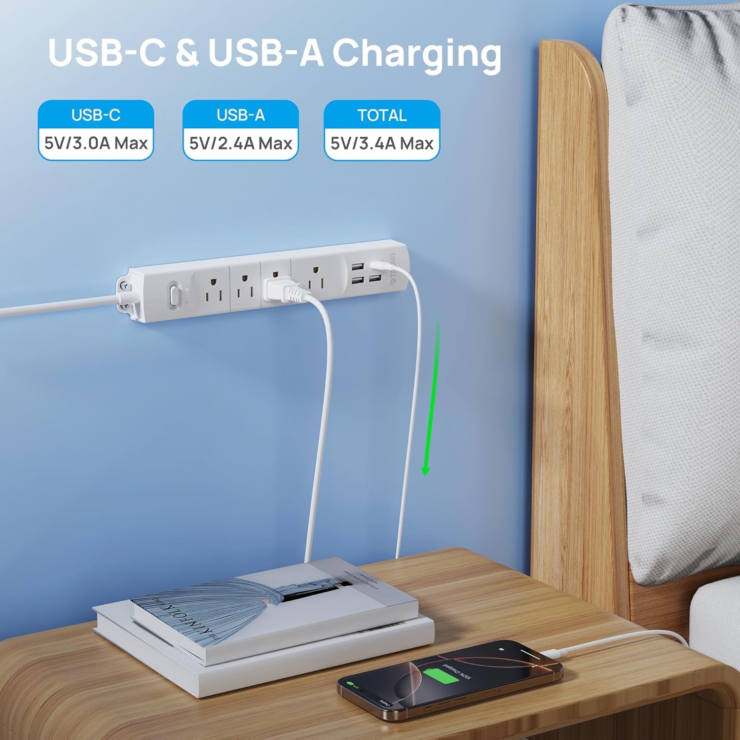 Surge Protector Power Strip with USB, 4 AC Outlets & 4 USB Ports, 1440 Joules, Right-Angle Flat Plug & 6Ft Long Cord, Wall Mount for Workbench, Nightstand, Dresser, Home, Office, Desk, White