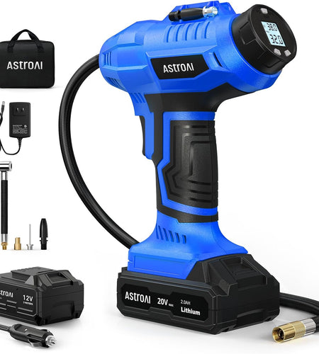 Cordless Tire Inflator Air Compressor 20V Rechargeable Battery Powered 160PSI Portable Handheld Air Pump with 12V Car Power Adapter Digital Pressure Gauge for Cars Motorcycles JY16P160-18（C2）