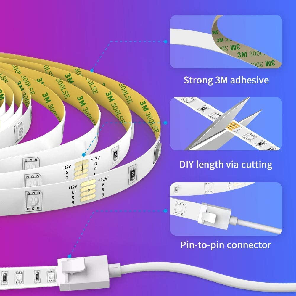 Smart LED Strip Lights, 16.4Ft Wifi LED Lights Work with Alexa and Google Assistant, RGB Color Changing, 16 Million Colors with App Control and Music Sync for Home, Kitchen, TV, Party