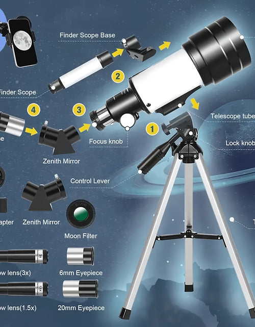 Load image into Gallery viewer, Astronomical Telescope 150X High-Powered, Portable With 70 MM And 90X With 50 MM Aperture (HD Refractor, Tripod, Phone Adapter) Ideal For Stargazing And Space Exploration
