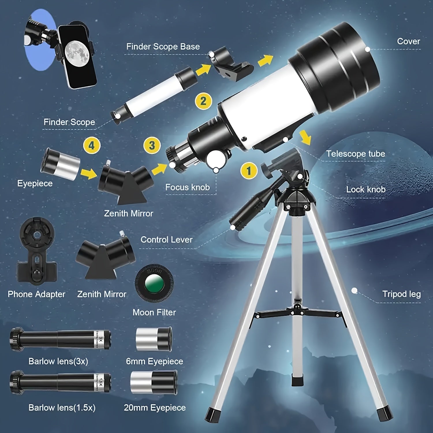 Astronomical Telescope 150X High-Powered, Portable With 70 MM And 90X With 50 MM Aperture (HD Refractor, Tripod, Phone Adapter) Ideal For Stargazing And Space Exploration