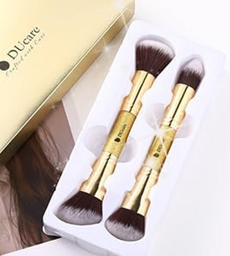 Makeup Brushes Duo End Foundation Powder Buffer and Contour Synthetic Cosmetic Tools 2Pcs Gold