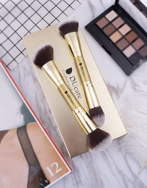 Load image into Gallery viewer, Makeup Brushes Duo End Foundation Powder Buffer and Contour Synthetic Cosmetic Tools 2Pcs Gold
