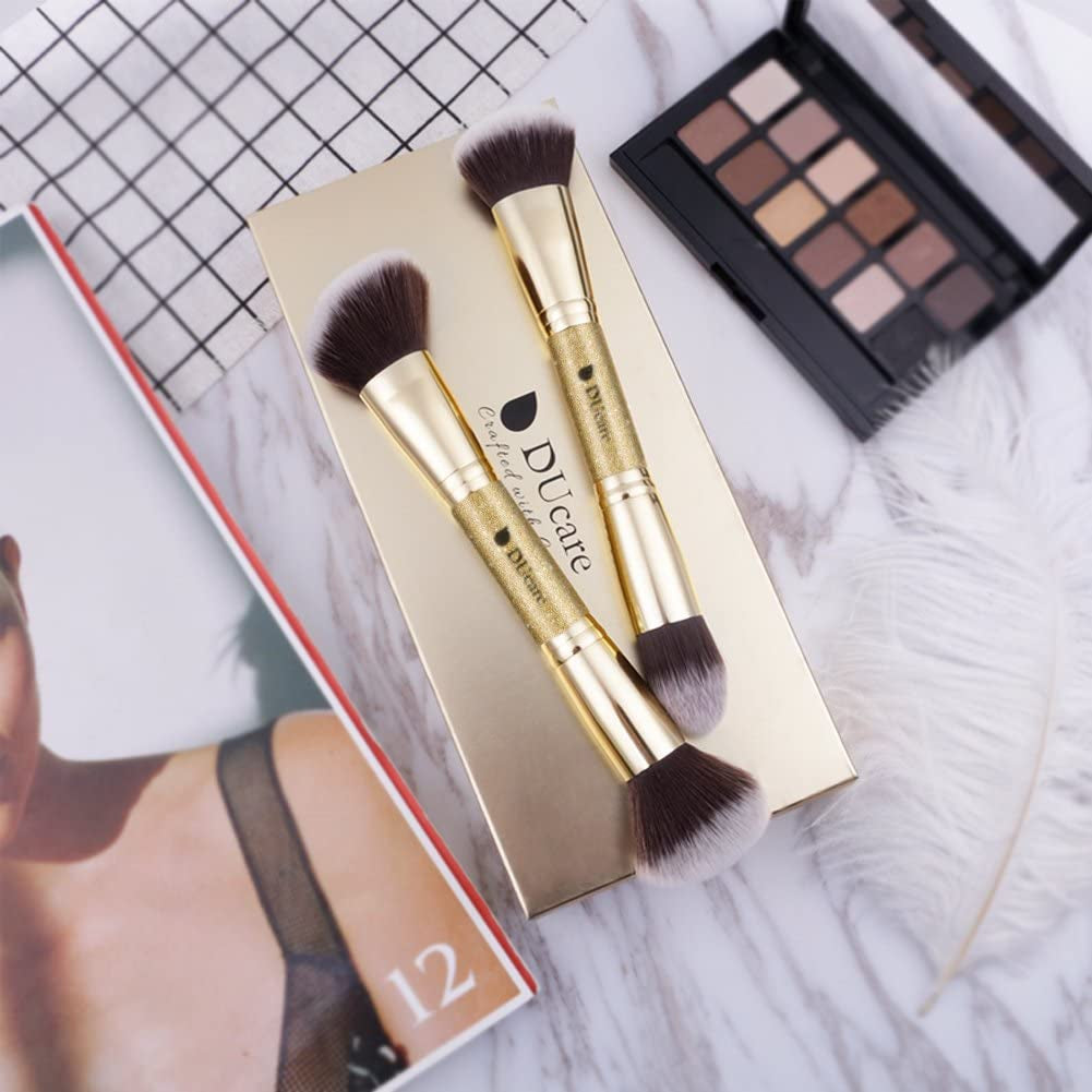 Makeup Brushes Duo End Foundation Powder Buffer and Contour Synthetic Cosmetic Tools 2Pcs Gold