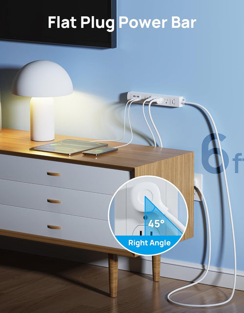 Load image into Gallery viewer, Surge Protector Power Strip with USB, 4 AC Outlets &amp; 4 USB Ports, 1440 Joules, Right-Angle Flat Plug &amp; 6Ft Long Cord, Wall Mount for Workbench, Nightstand, Dresser, Home, Office, Desk, White
