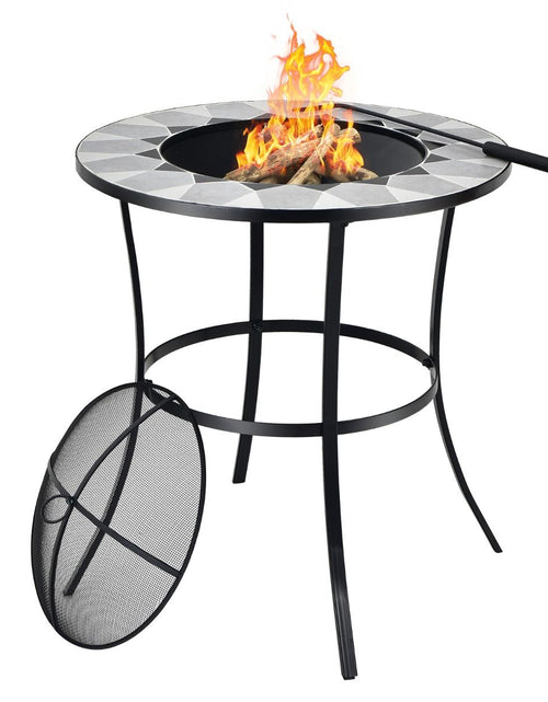 Load image into Gallery viewer, Outdoor round Fire Pit Table with Mesh Screen Lid and Fire Poker
