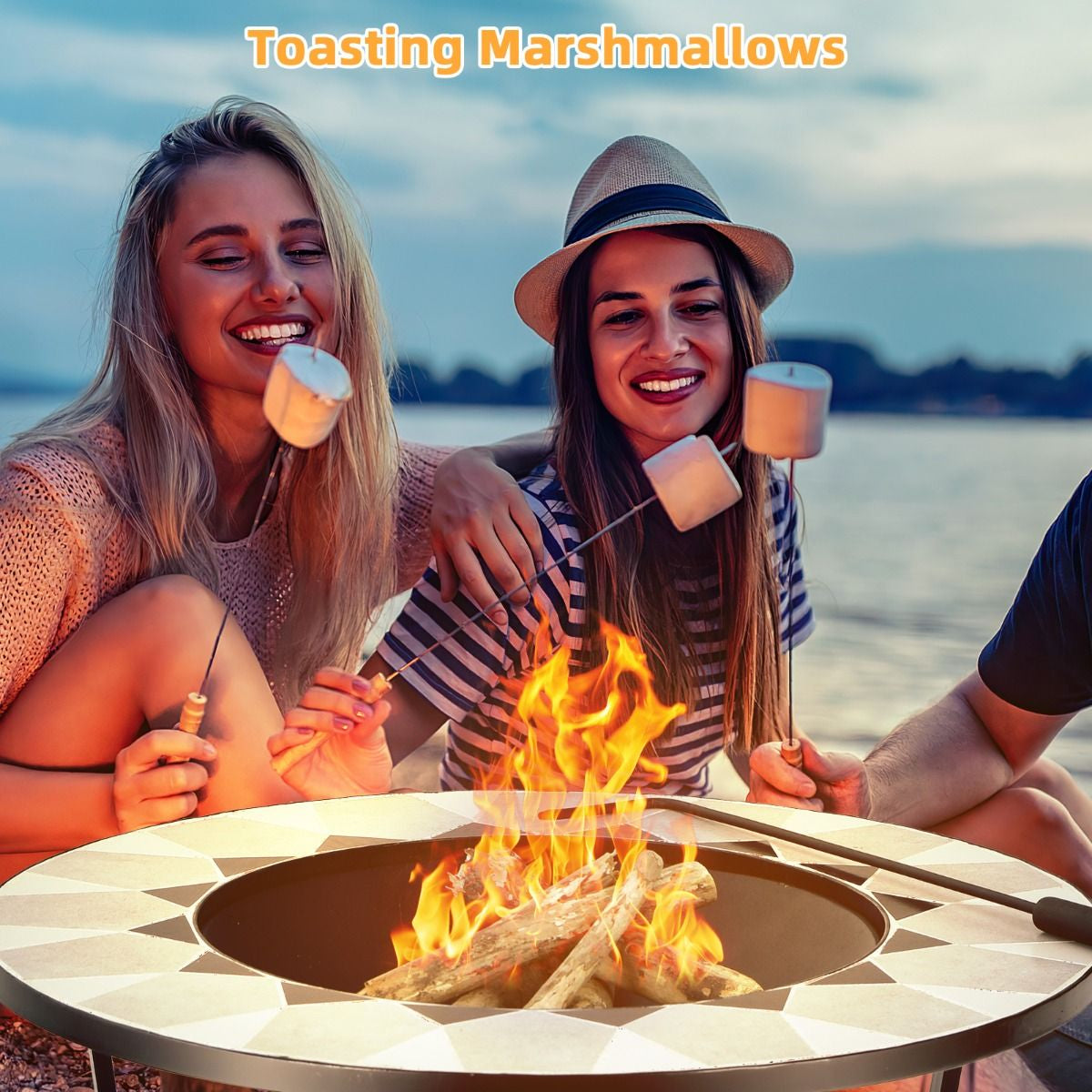 Outdoor round Fire Pit Table with Mesh Screen Lid and Fire Poker