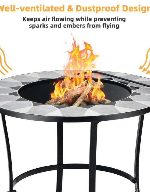 Load image into Gallery viewer, Outdoor round Fire Pit Table with Mesh Screen Lid and Fire Poker
